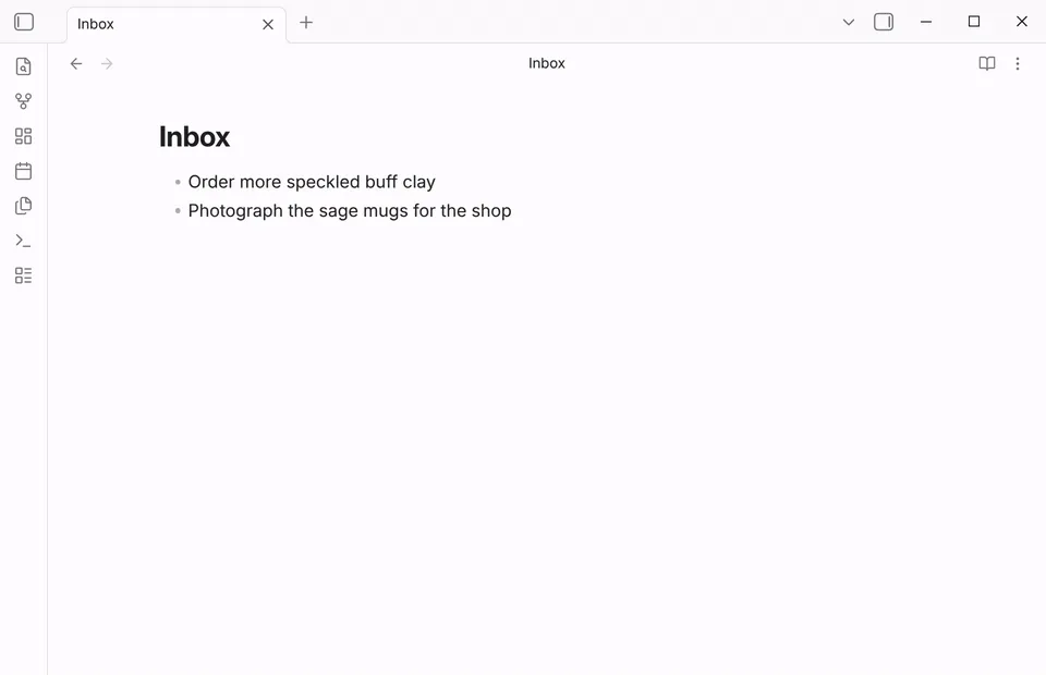 Running Brain dump from the command palette: three entries are typed one after another, each prompt opens empty, each entry appears as a new line in Inbox, and Esc closes the last prompt