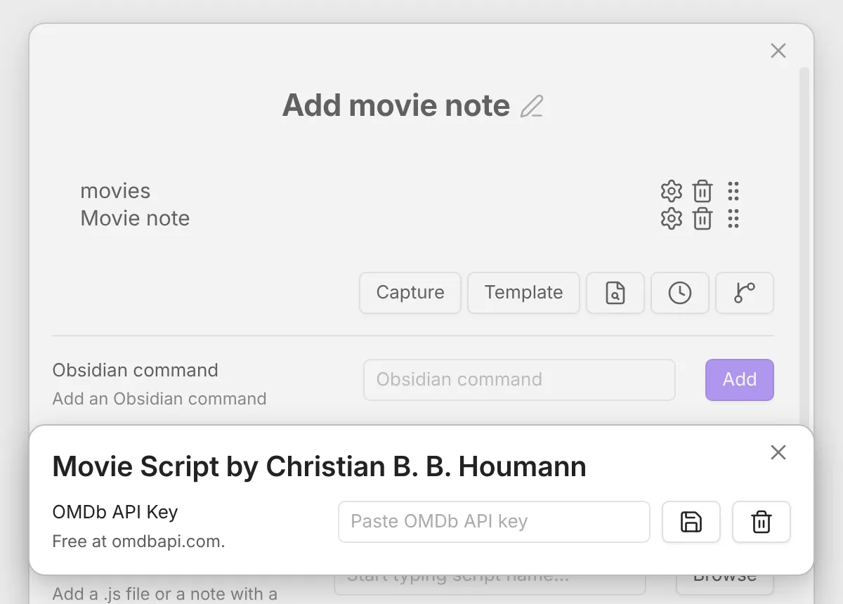 The movies script settings open over the macro: the OMDb API Key field with its save and clear buttons