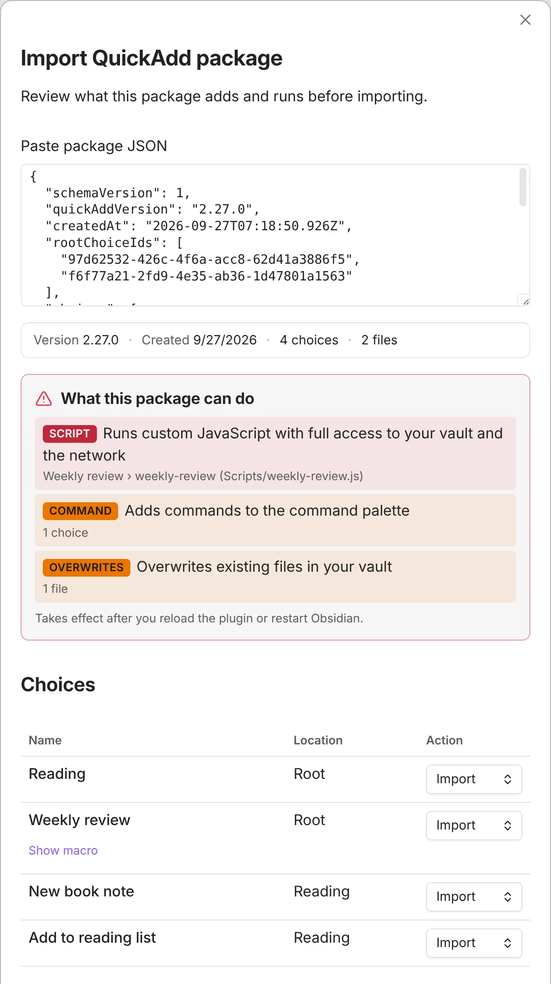 The Import QuickAdd package modal after pasting a package. The What this package can do panel lists a SCRIPT row for the Weekly review macro’s user script, a COMMAND row, and an OVERWRITES row. Below it, the Choices table lists Reading, Weekly review, New book note, and Add to reading list, each with an Import action