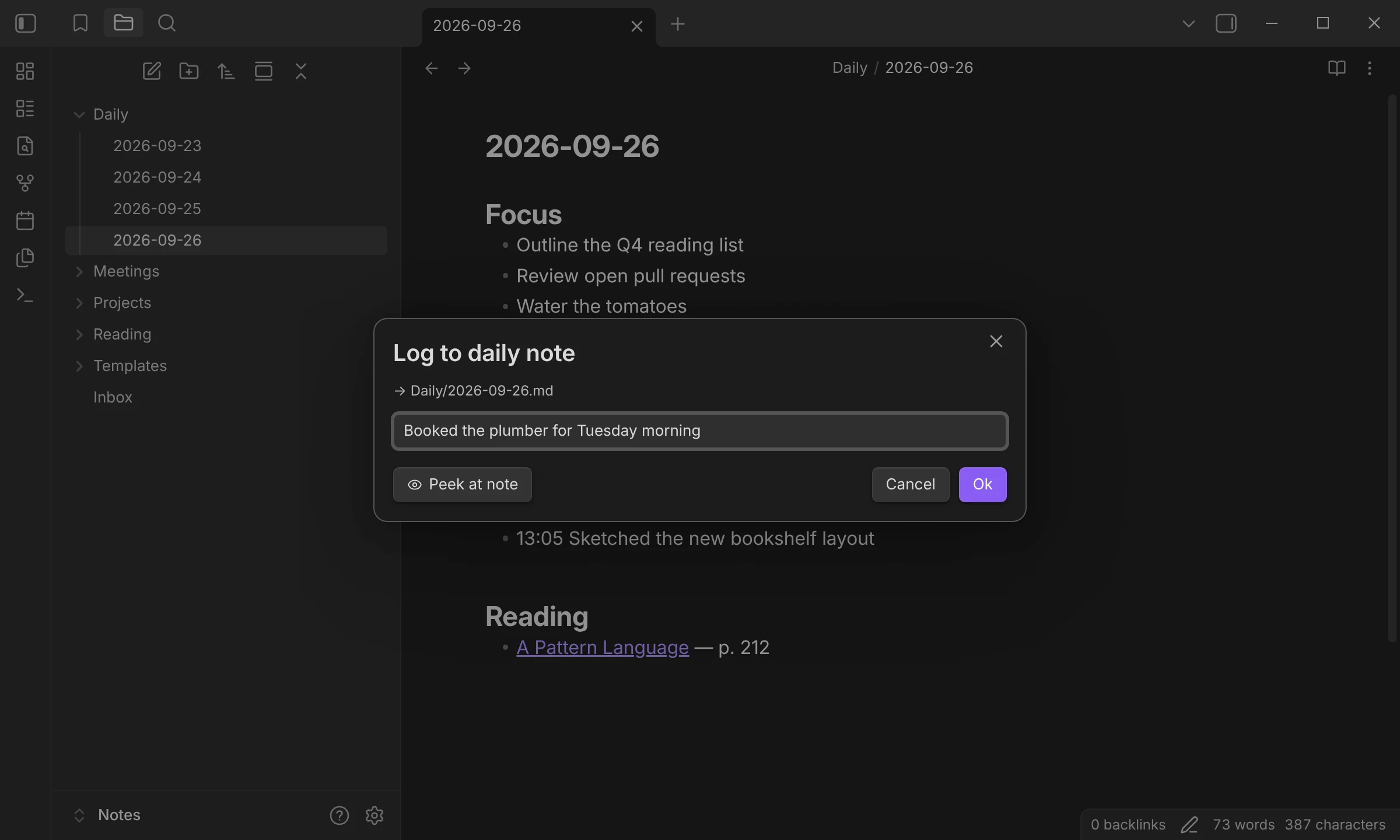 QuickAdd's input prompt titled Log to daily note, showing the target Daily/2026-09-26.md and the entry Booked the plumber for Tuesday morning.