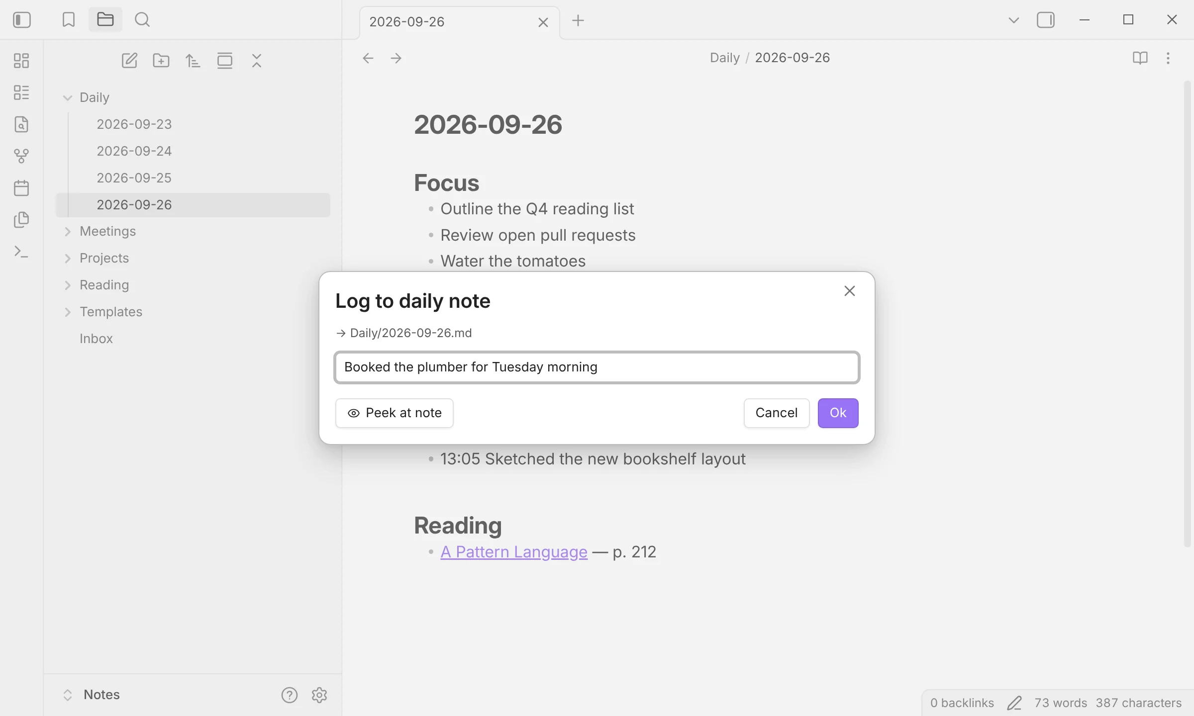 QuickAdd's input prompt titled Log to daily note, showing the target Daily/2026-09-26.md and the entry Booked the plumber for Tuesday morning.