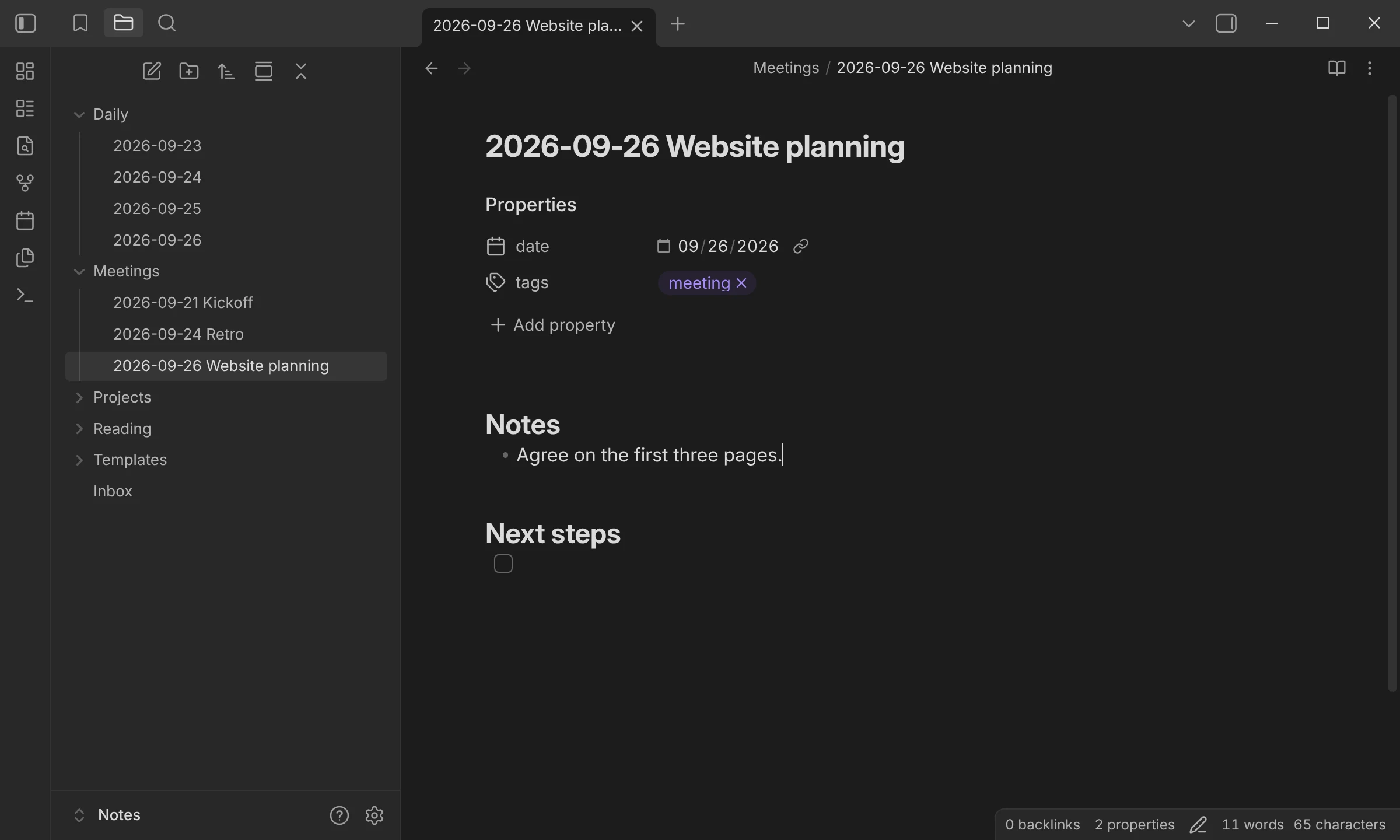 A new note, 2026-09-26 Website planning, in the Meetings folder with date and tags properties, and the first line typed under Notes.
