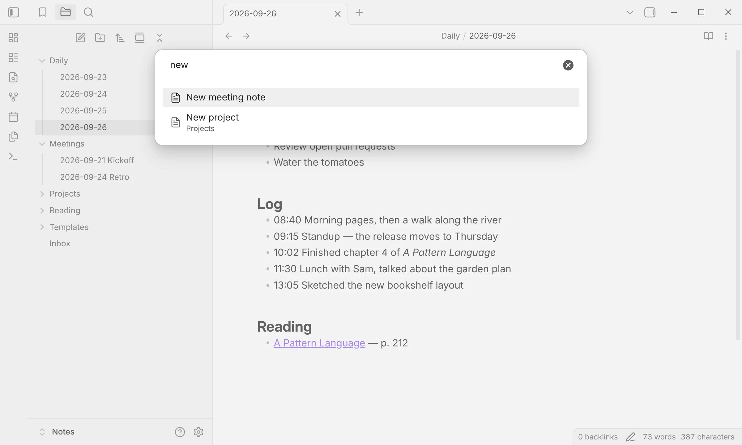 QuickAdd's choice picker filtered by the query new, showing New meeting note and New project from the Projects folder.