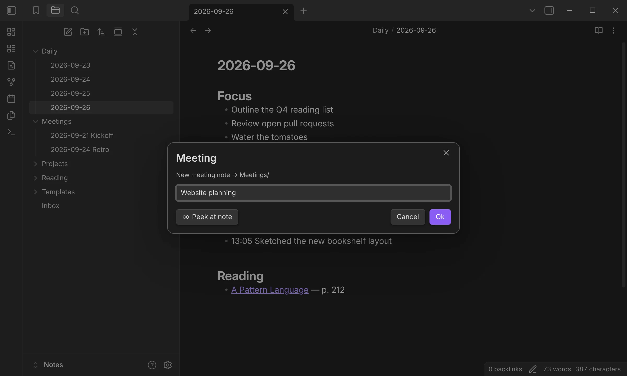 QuickAdd's input prompt titled Meeting, showing New meeting note going to Meetings/ and the answer Website planning.
